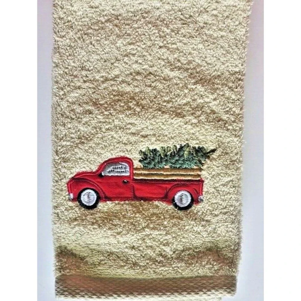 Christmas Tree Red Farm Truck Hand Towels Embroidered Bathroom 16x28 Set of 2